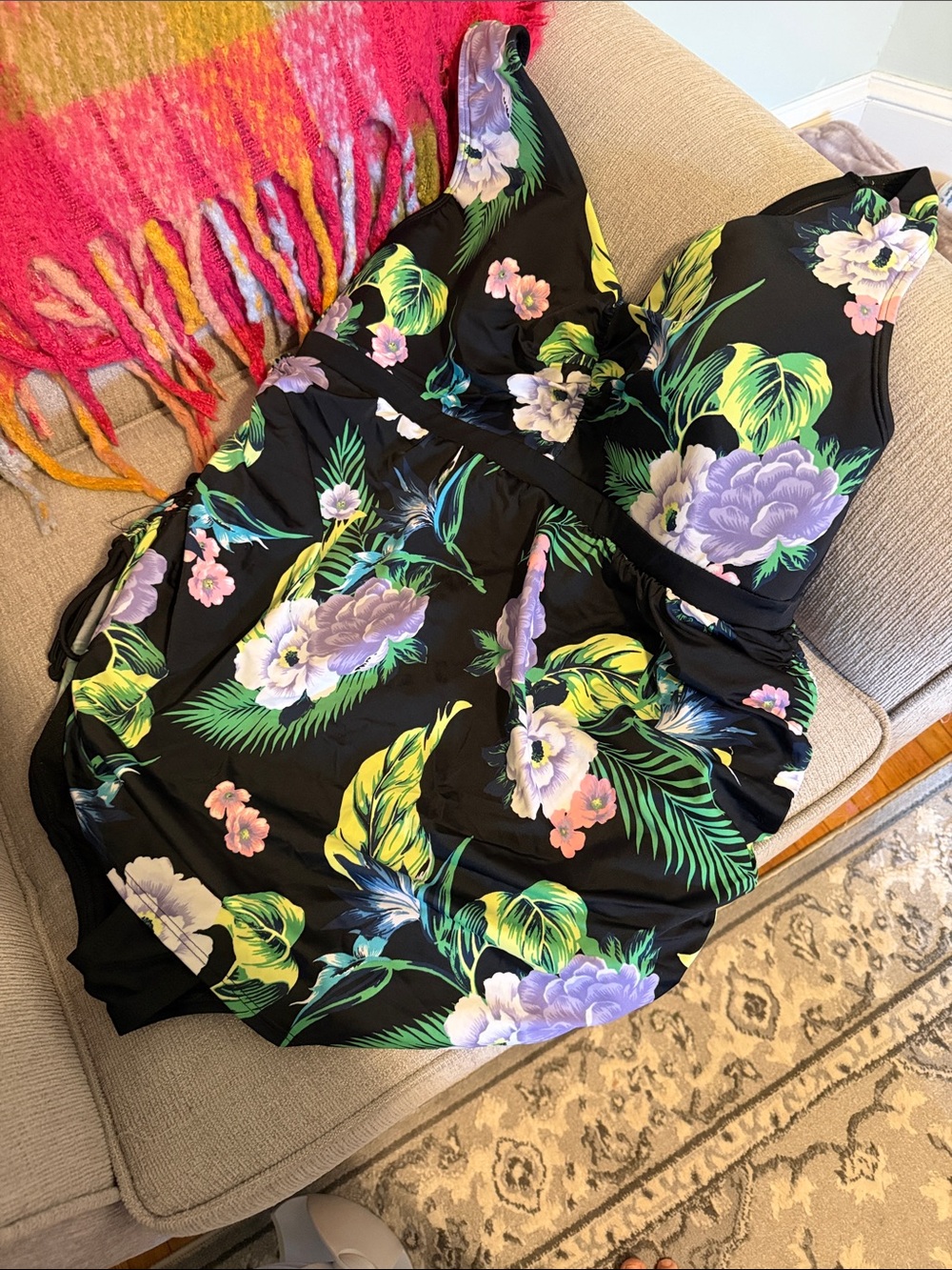 NWOT Lane Bryant Black Floral One-Piece Swimsuit with Purple and Yellow Blooms